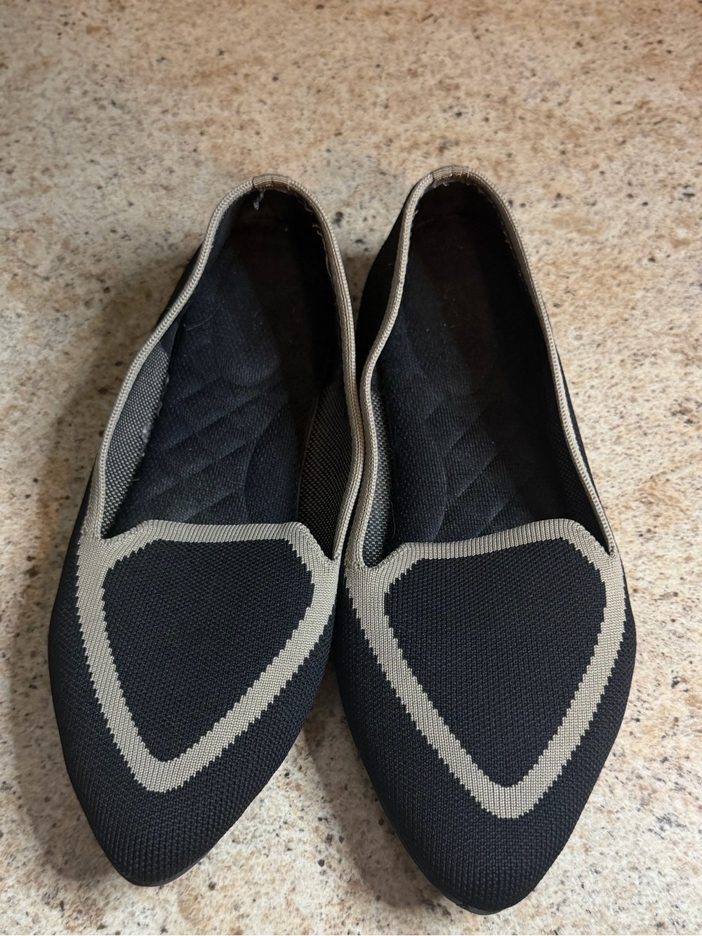 Birdies Black Knit Pointed Flats with Beige Trim